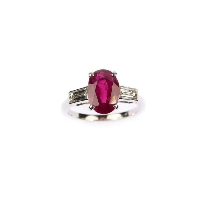 Cushion cut Burma ruby and diamond ring, claw set with a 2.17ct stone